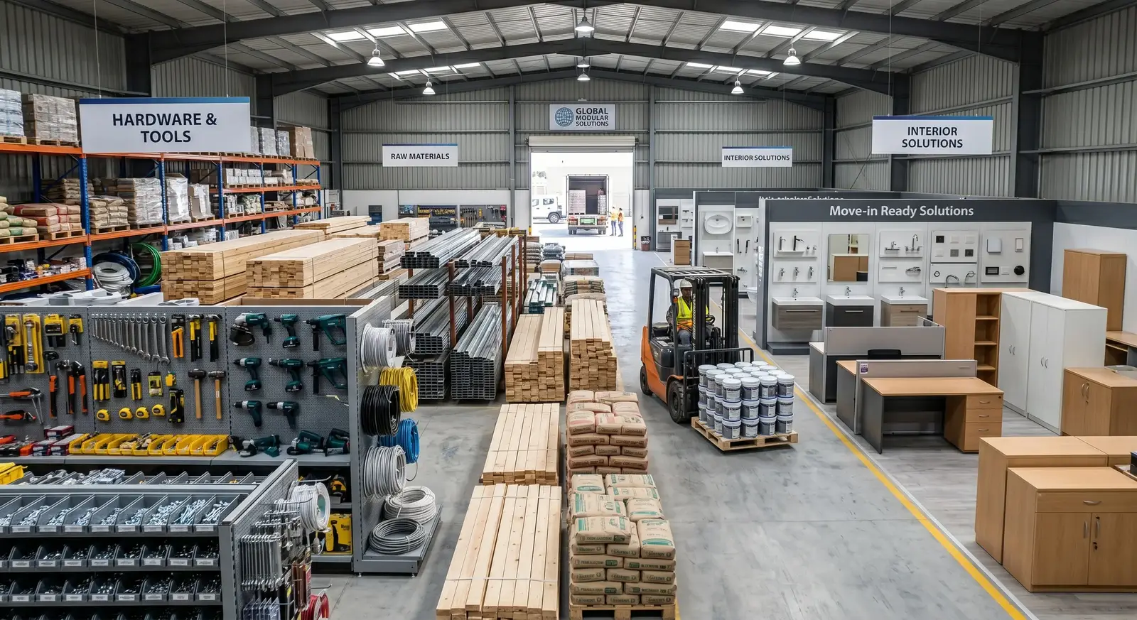 Industrial construction materials warehouse showing hardware, tools, and interior furniture