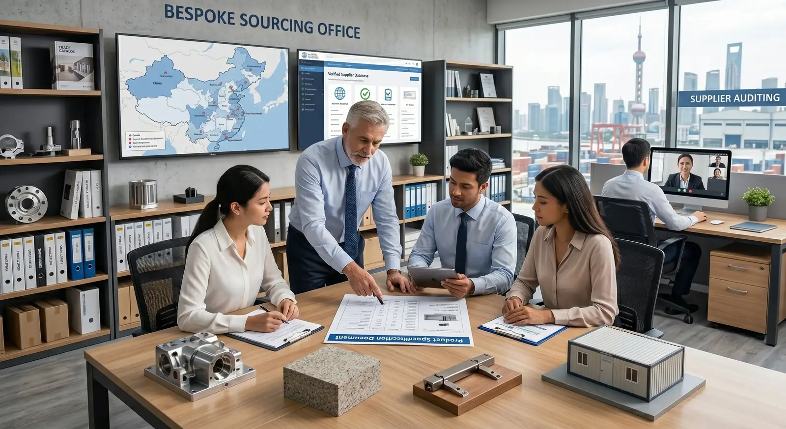Professional sourcing team in China auditing verified suppliers for bespoke product requirements