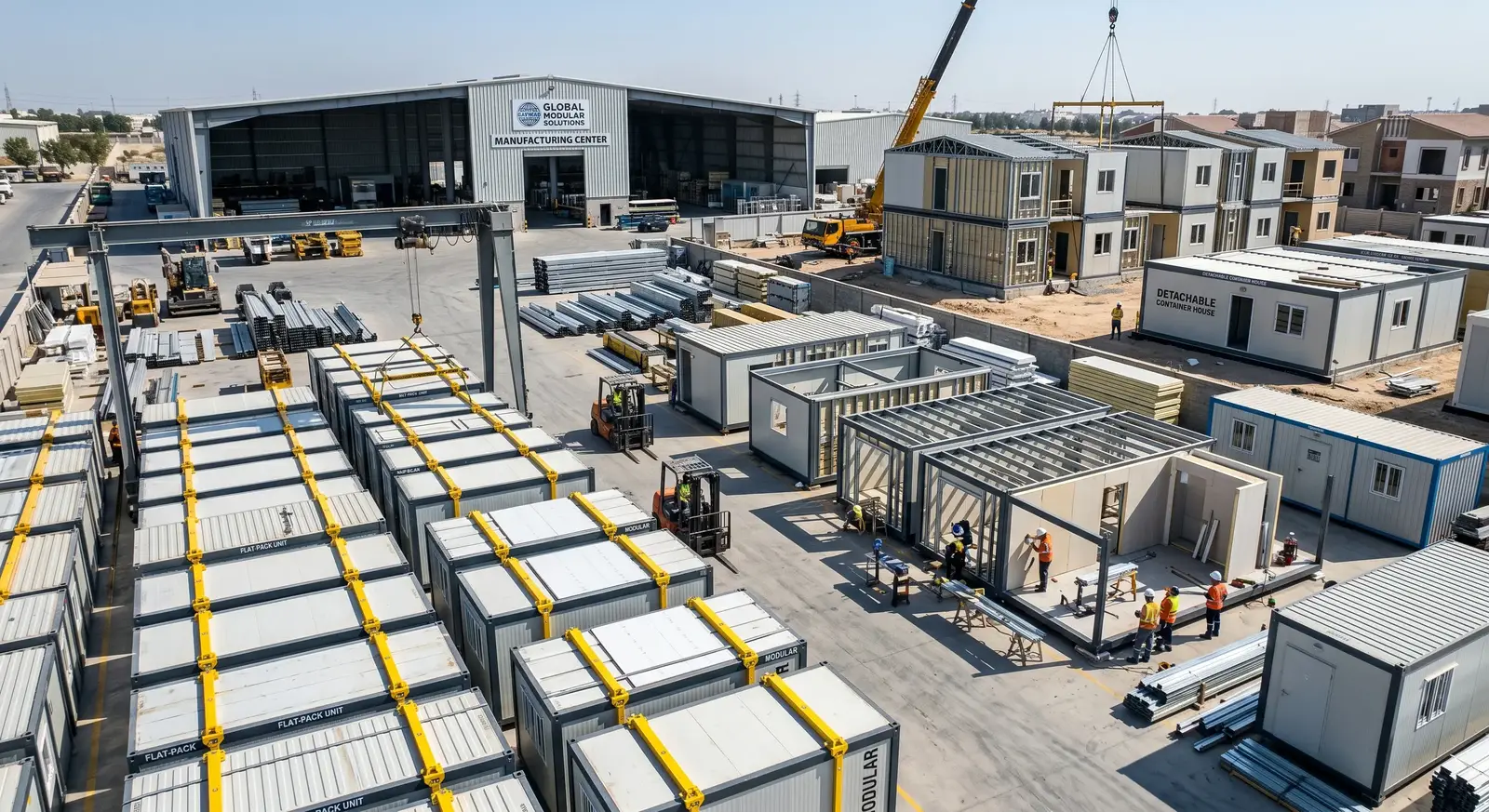 Modular container houses and prefab villas manufacturing site with flat-pack units