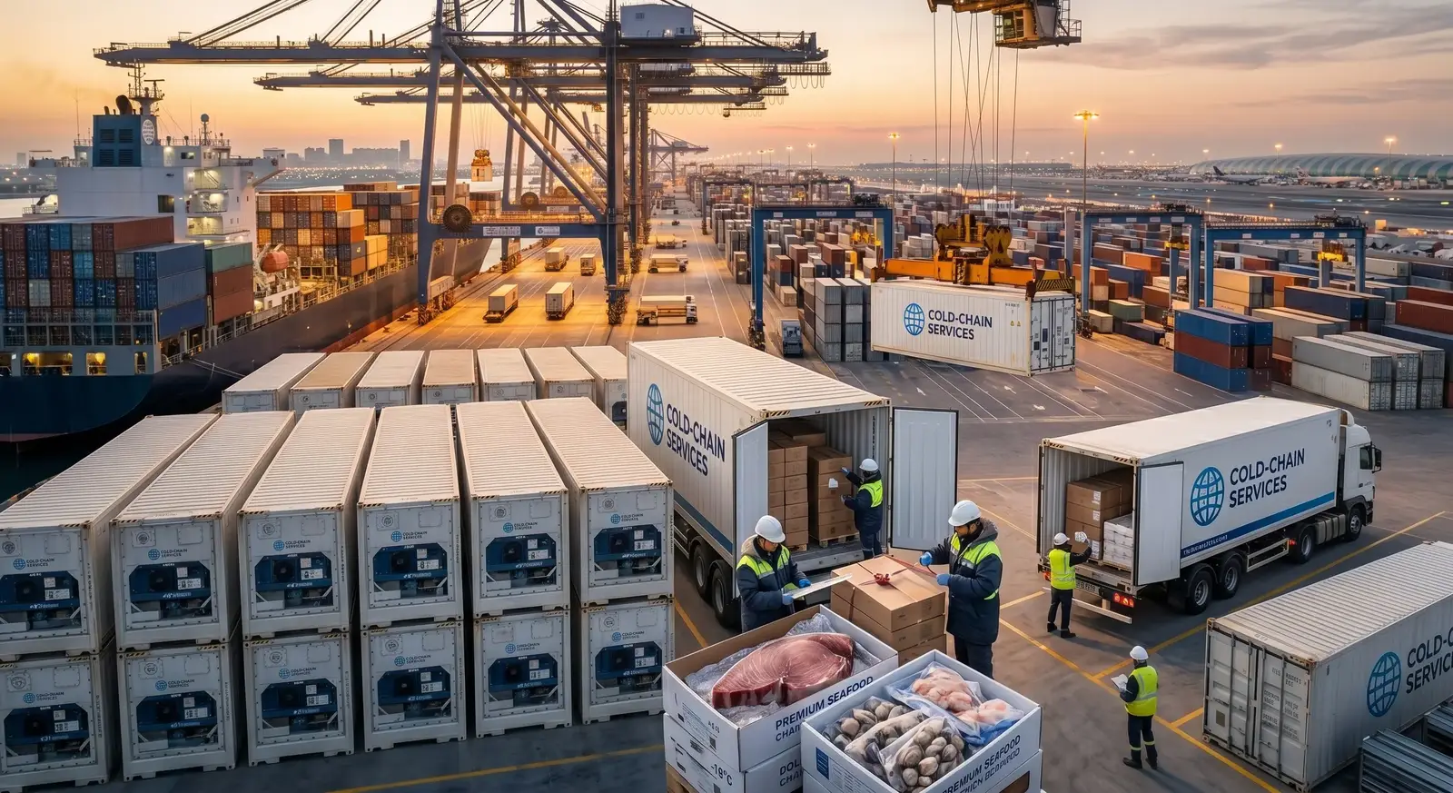 Global cold-chain logistics showing premium frozen seafood transport and temperature-controlled containers